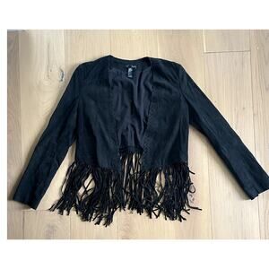 Aqua Fringe Black Leather Suede Coat - Size Small